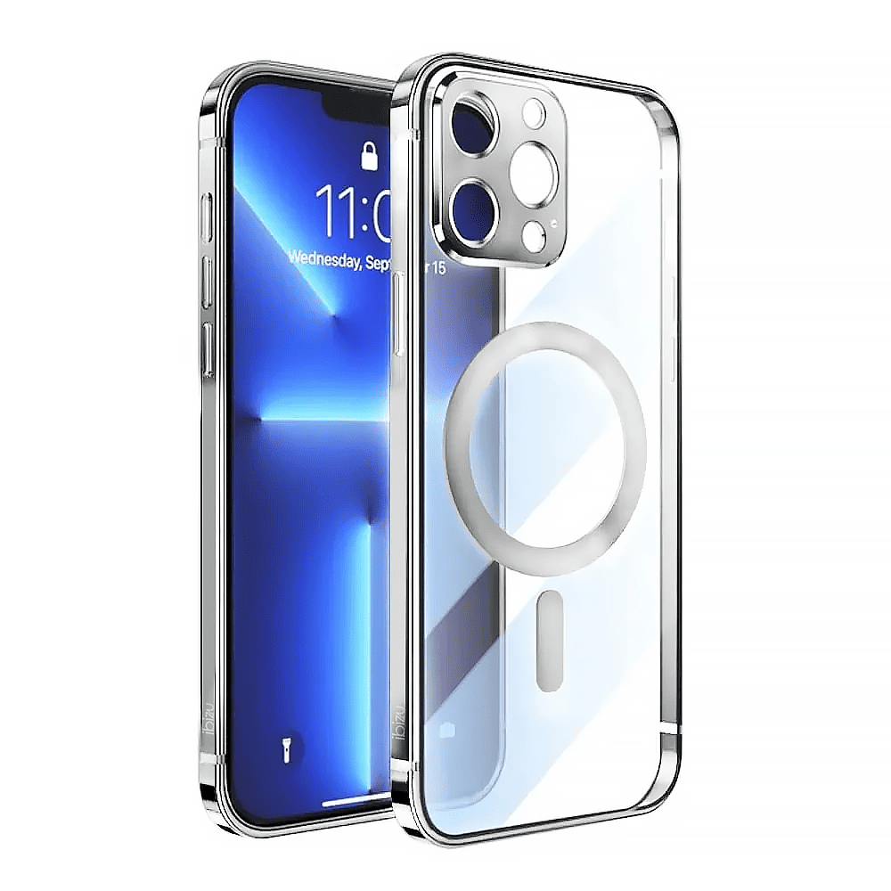 Etui do iPhone 13 Pro Max Ibizu Elite Skin, krystalicznie czyste z metalową ramką, srebrne z MagSafe