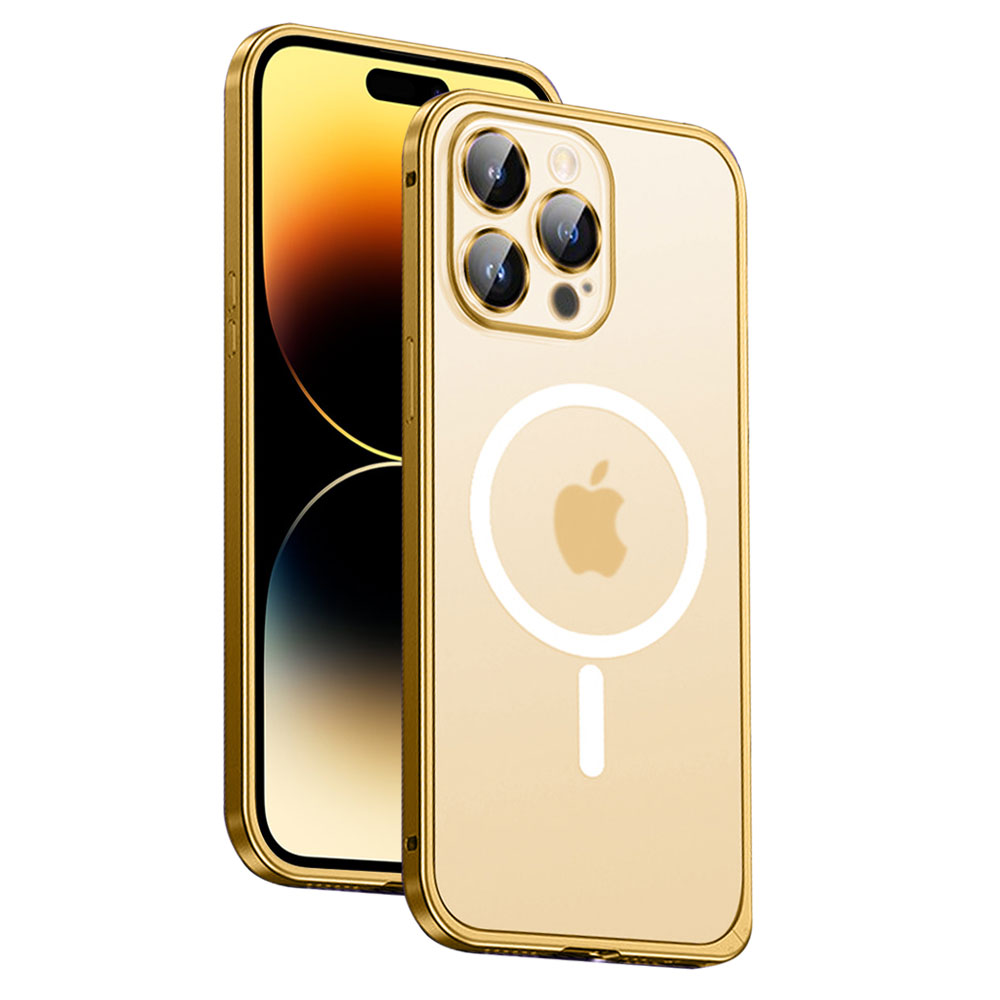Etui do iPhone 14 Pro Magsafe Metalic Frame Oryginal, ochrona aparatu, złota ramka