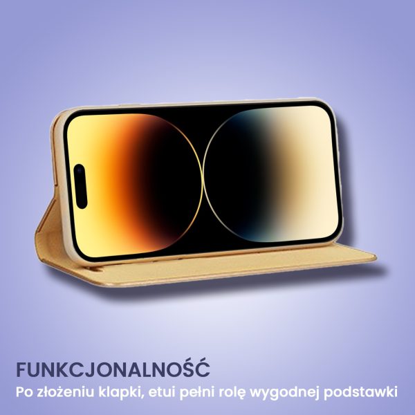 etui do iphone 14 pro goldview zamykane eleganckie lustrzane, złote