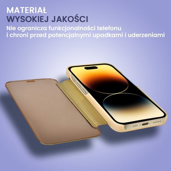 etui do iphone 14 pro goldview zamykane eleganckie lustrzane, złote