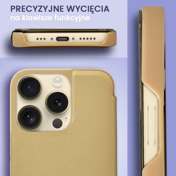 etui do iphone 14 pro goldview zamykane eleganckie lustrzane, złote