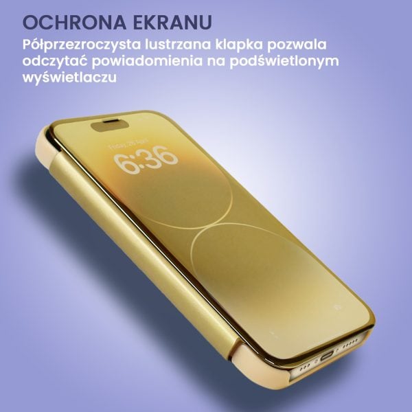 etui do iphone 14 pro goldview zamykane eleganckie lustrzane, złote