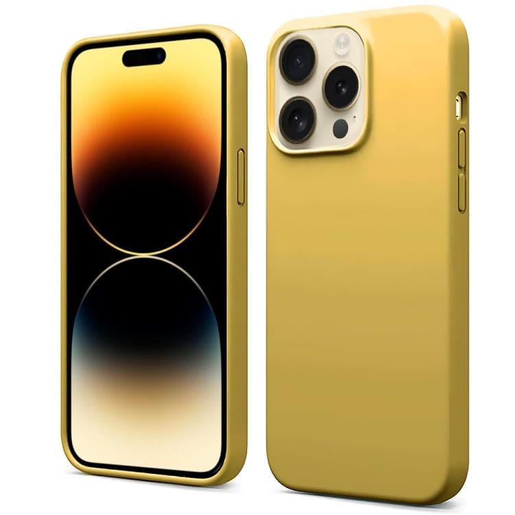 etui do iphone 14 pro silikonowe z mikrofibrą soft touch, musztardowe