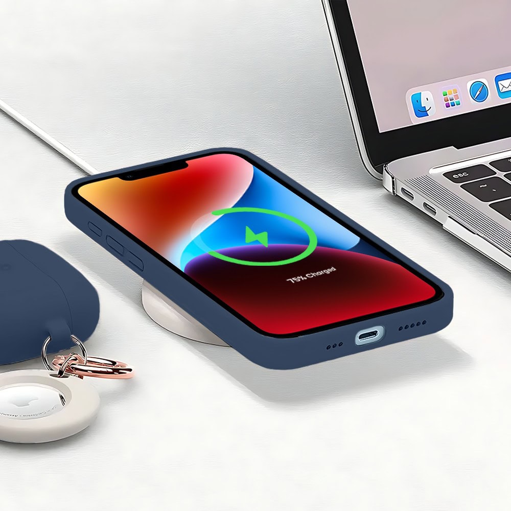 Etui do iPhone 14 silikonowe z mikrofibrą soft touch z osłoną na aparat, granatowe (1)