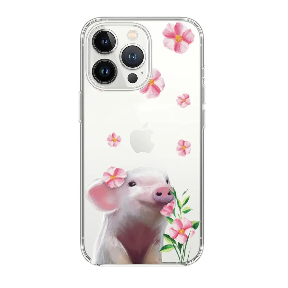 Etui do iPhone 14 Pro Max, świnka i kwiatki