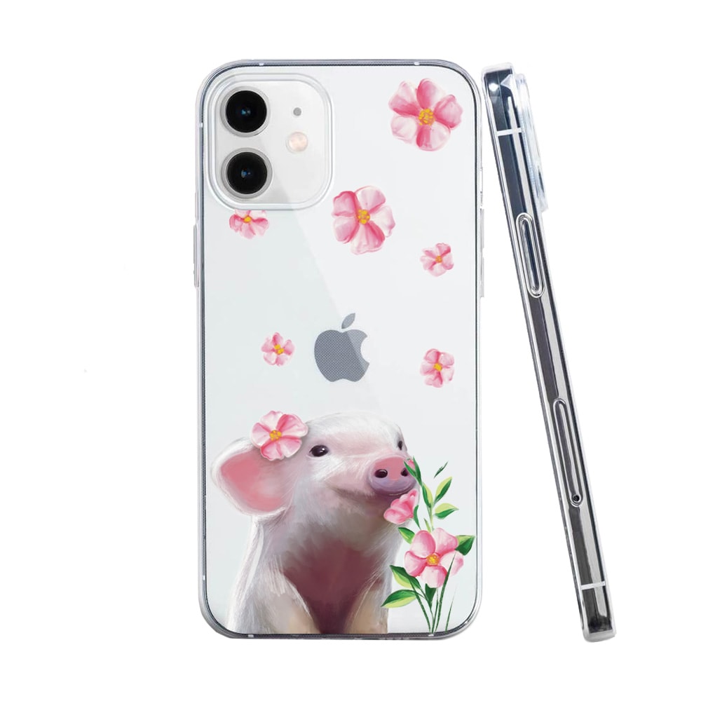 Etui do iPhone 12, świnka i kwiatki