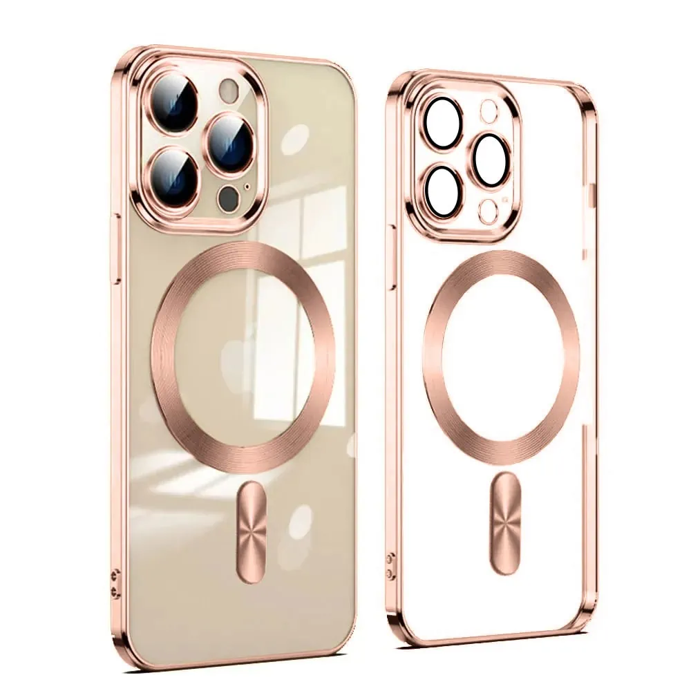 Etui do iPhone 14 Pro MagSafe Luxury Protect przeźroczyste, hybrydowa ochrona kamery, różowe złoto