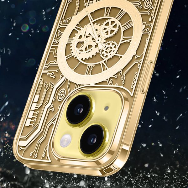 etui do iphone 14 clockwork magsafe, przeźroczyste z mechanizmem w środku, złote