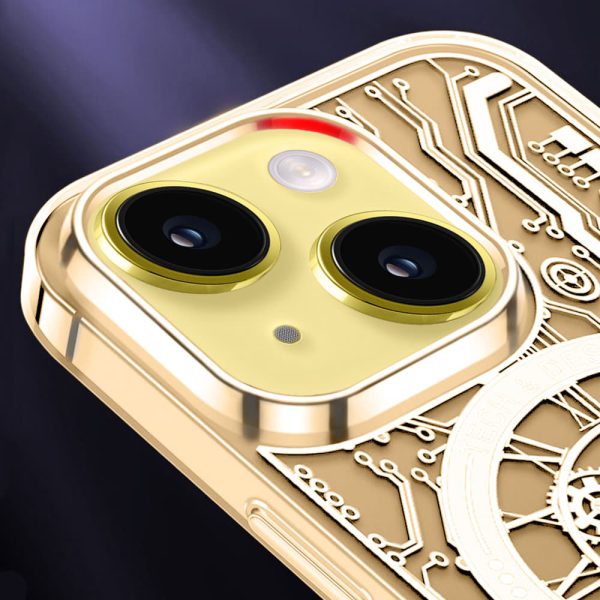 etui do iphone 14 clockwork magsafe, przeźroczyste z mechanizmem w środku, złote