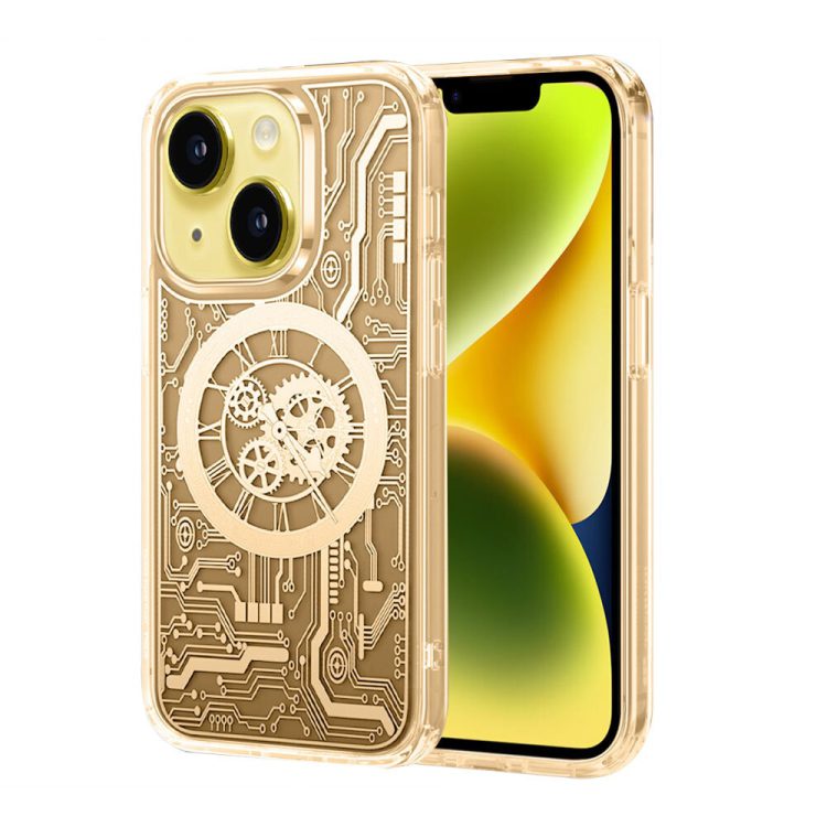 etui do iphone 14 clockwork magsafe, przeźroczyste z mechanizmem w środku, złote