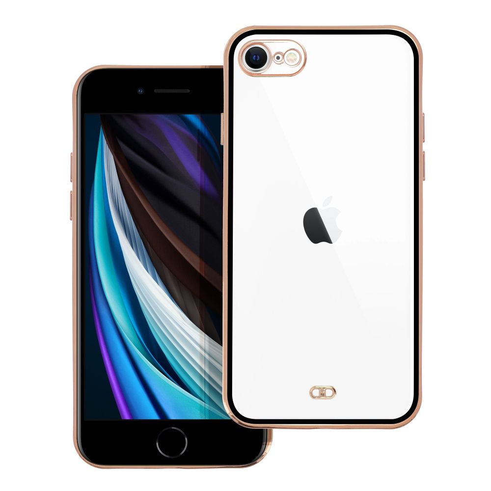 Etui do iPhone SE2022/SE2020/8/7 Fashion Gold przeźroczysty tył, pozłacane elementy, osłona na aparat, czarna ramka