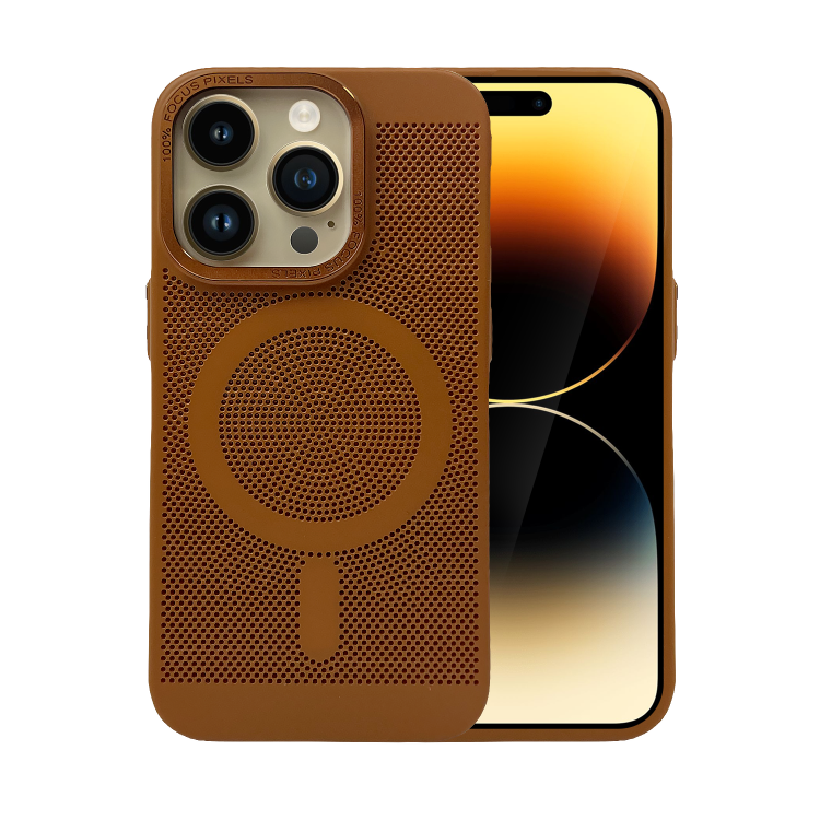 etui iphone 14 pro max breathable cam ring, oddychające z magsafe, brązowe