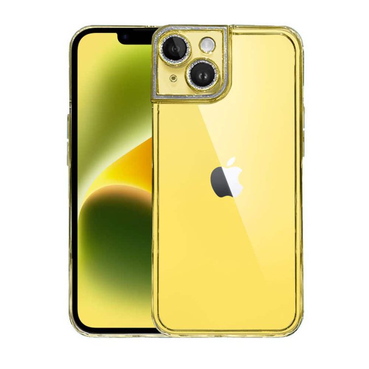 etui do iphone 14 kryształowa struktura, osłona na aparat, przeźroczyste ze złotą ramką