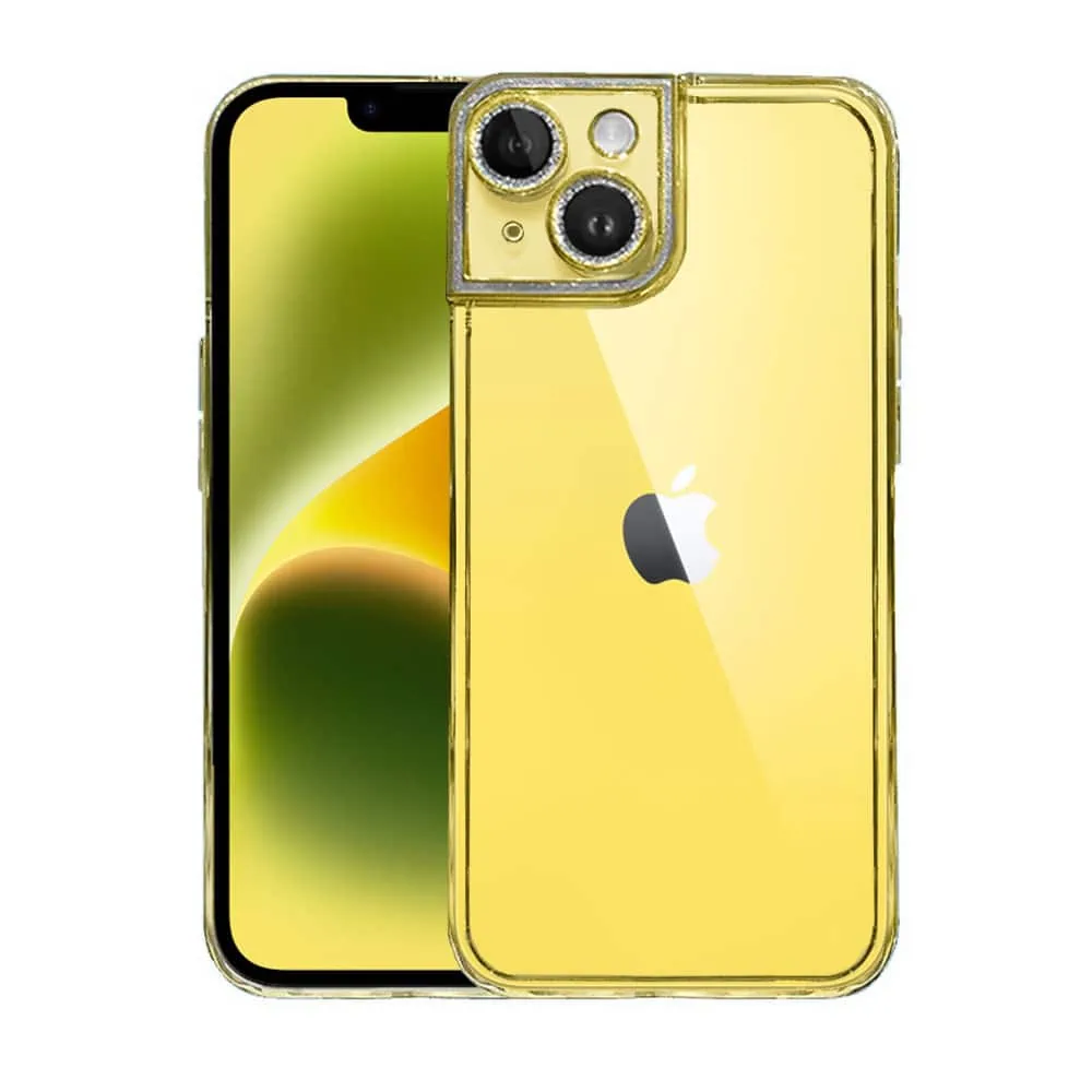 Etui do iPhone 14 Plus kryształowa struktura, osłona na aparat, przeźroczyste ze złotą ramką