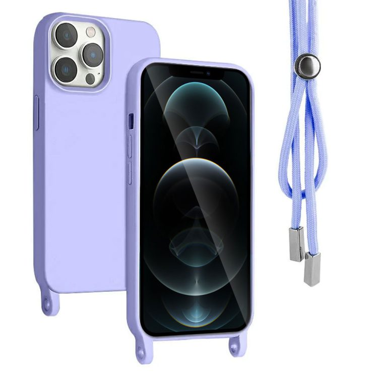 etui do iphone 12 pro wzmacniane crossbody z fioletową smyczą jak torebka, fioletowe