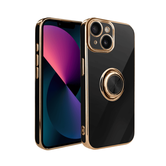 Etui do iPhone 13 Mini eleganckie, ze złotym, metalowym uchwytem i zdobieniami, osłona na aparat, czarne - nowe (2)