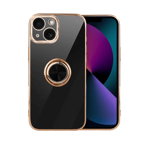 Etui do iPhone 13 Mini eleganckie, ze złotym, metalowym uchwytem i zdobieniami, osłona na aparat, czarne - nowe (3)