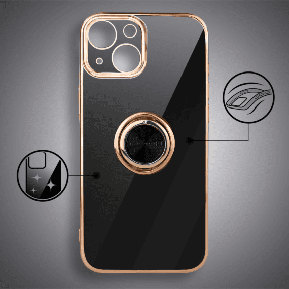 Etui do iPhone 13 Mini eleganckie, ze złotym, metalowym uchwytem i zdobieniami, osłona na aparat, czarne - nowe (4)