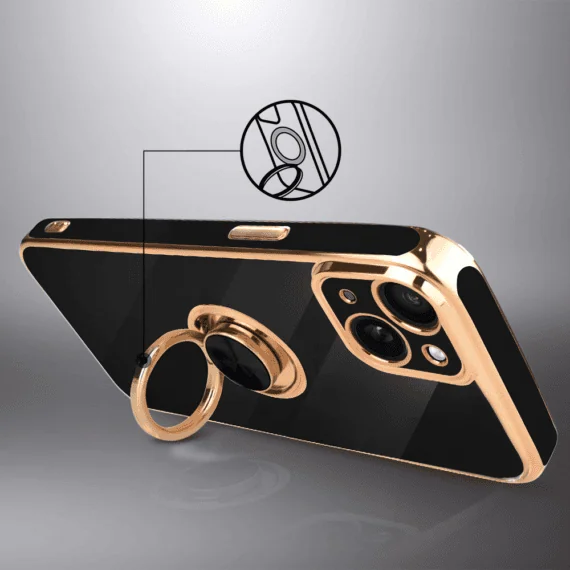 Etui do iPhone 13 Mini eleganckie, ze złotym, metalowym uchwytem i zdobieniami, osłona na aparat, czarne - nowe (5)