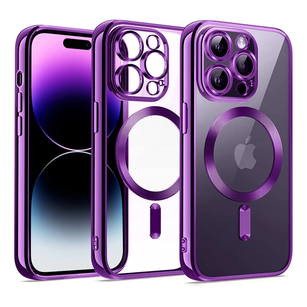 etui do iphone 14 pro magsafe luxury protect przeźroczyste, osłona kamery, purpurowe