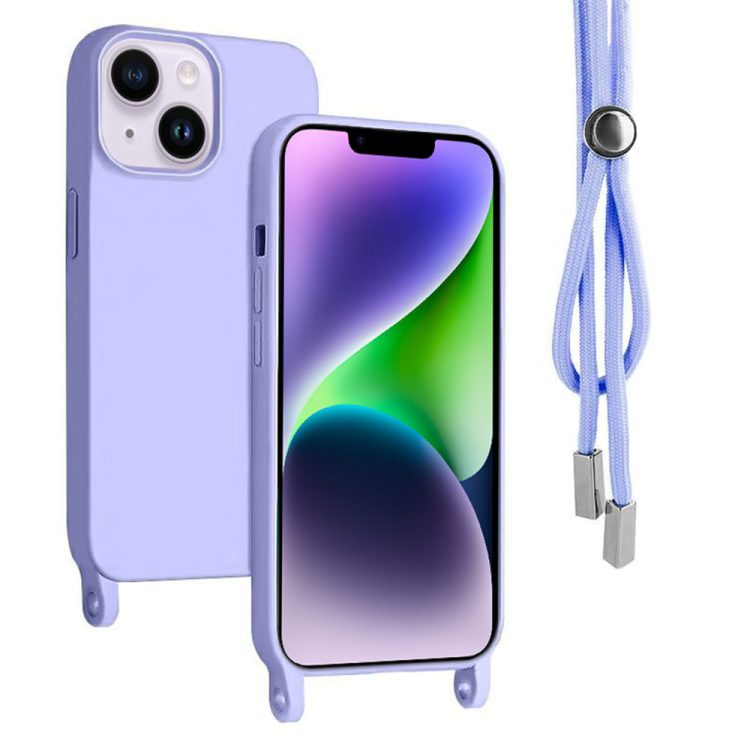 etui do iphone 14 wzmacniane crossbody z fioletową smyczą jak torebka, fioletowe