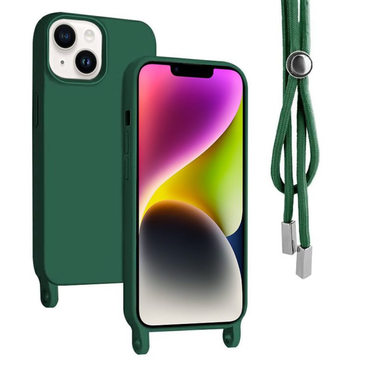 etui do iphone 14 wzmacniane crossbody z zieloną smyczą jak torebka, zielone