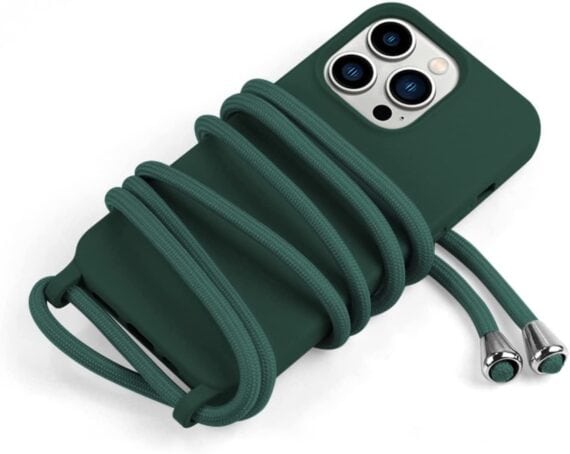 etui do iphone 14 pro wzmacniane crossbody z zieloną smyczą jak torebka, ciemna