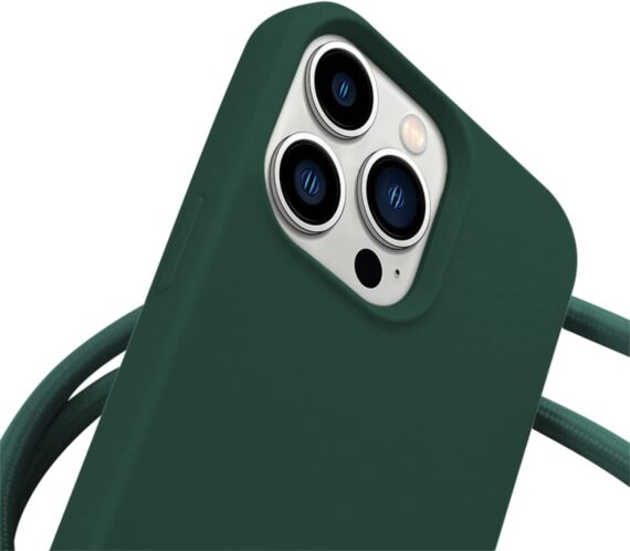 etui do iphone 14 pro wzmacniane crossbody z zieloną smyczą jak torebka, ciemna