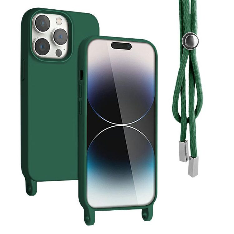 etui do iphone 14 pro wzmacniane crossbody z zieloną smyczą jak torebka, ciemna