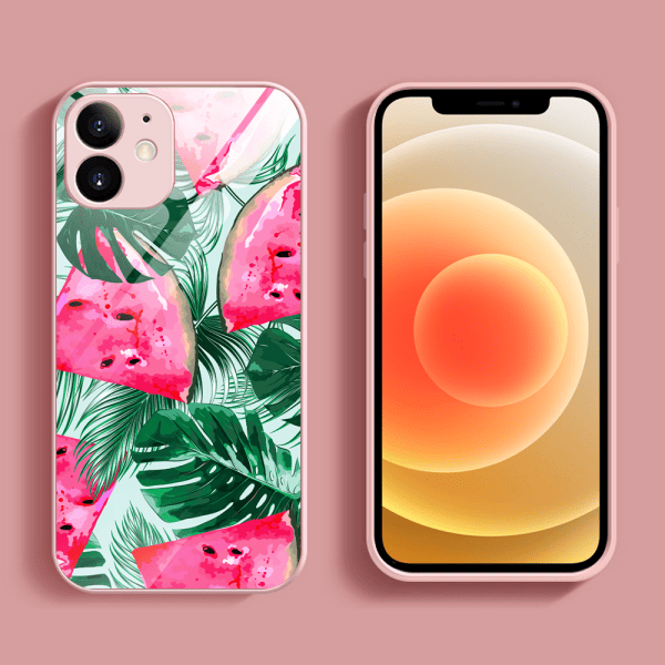etui do iphone 12, szklany tył, osłona kamery, arbuzowa fantazja, łososiowe
