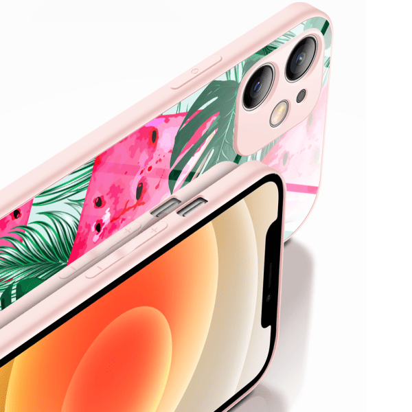 etui do iphone 12, szklany tył, osłona kamery, arbuzowa fantazja, łososiowe