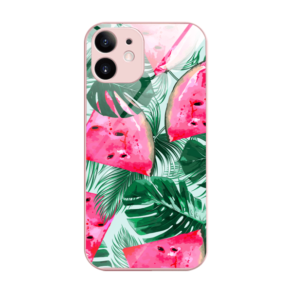 etui do iphone 12, szklany tył, osłona kamery, arbuzowa fantazja, łososiowe