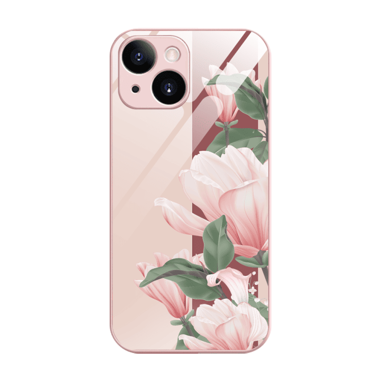 etui do iphone 13, szklany tył, osłona kamery, subtelne róże, łososiowe