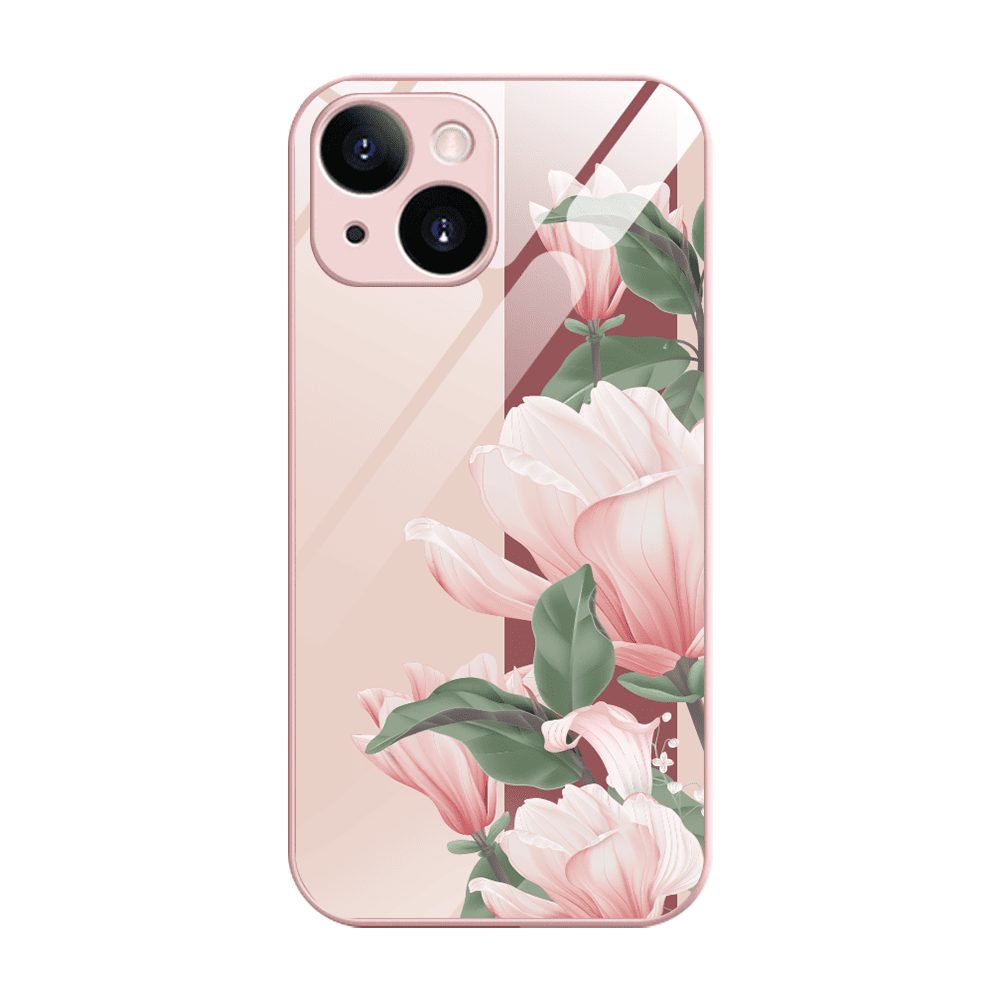Etui do iPhone 14, szklany tył, osłona kamery, subtelne róże, łososiowe