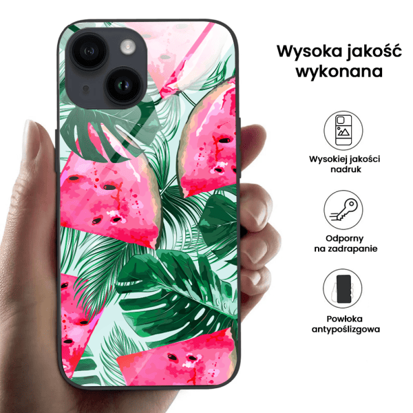 etui do iphone 13, szklany tył, arbuzowa fantazja, czarne