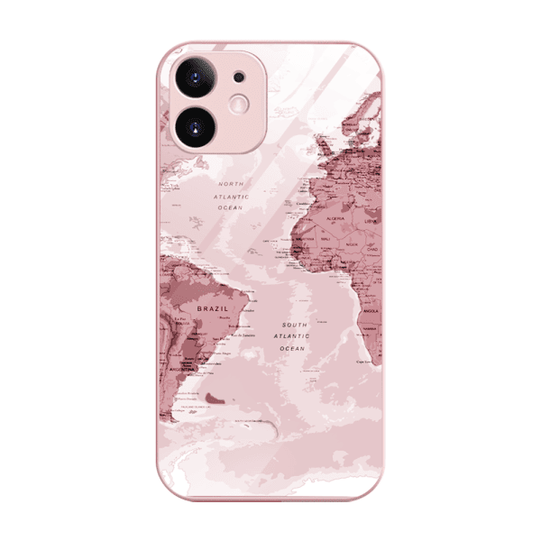etui do iphone 12, szklany tył, osłona kamery, mapa świata, łososiowe
