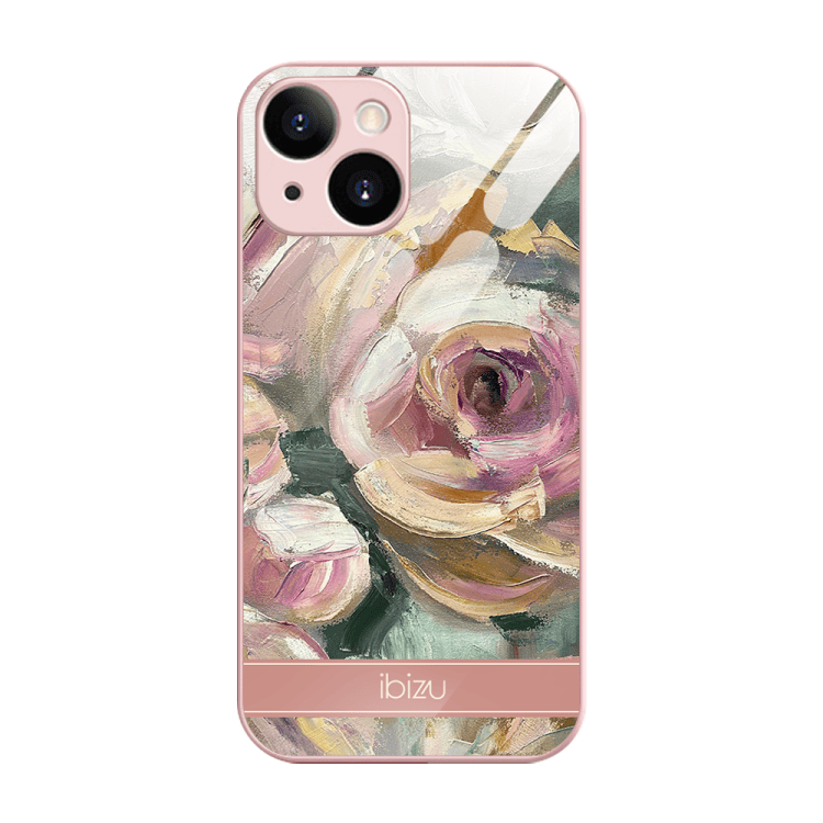 etui do iphone 13, ibizu, szklany tył, osłona kamery, namalowane róże, łososiowe
