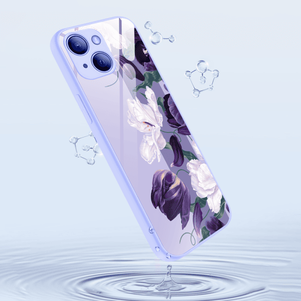 etui do iphone 13, szklany tył, osłona kamery, purpurowa harmonia kwiatów, fioletowe