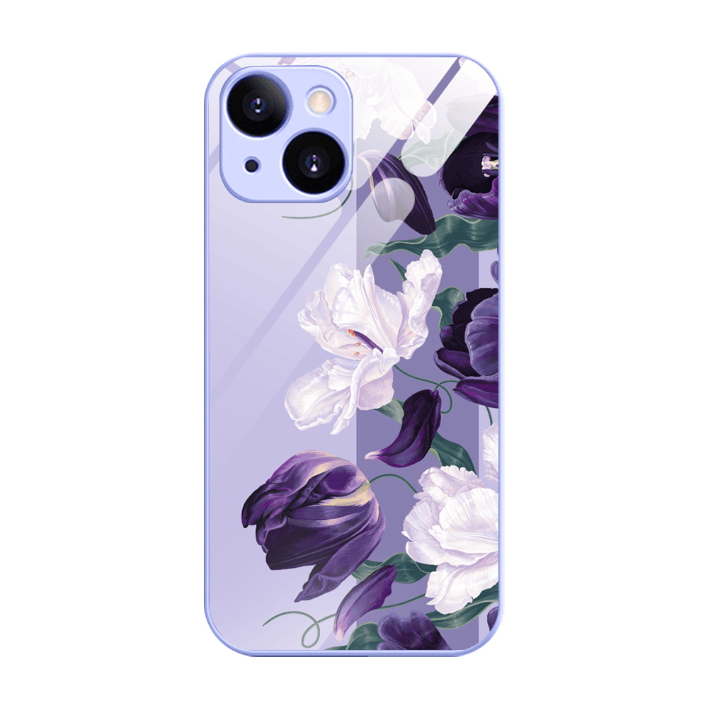 etui do iphone 13, szklany tył, osłona kamery, purpurowa harmonia kwiatów, fioletowe