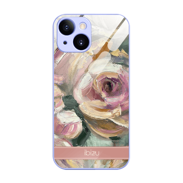 etui do iphone 13, ibizu, szklany tył, osłona kamery, namalowane róże, fioletowe