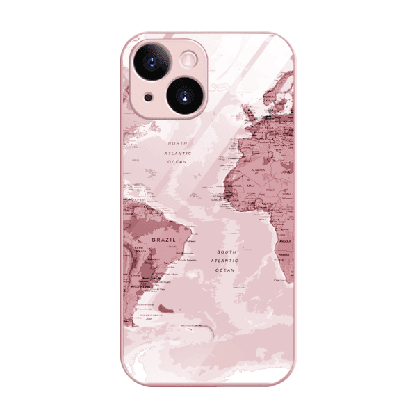 etui do iphone 13, szklany tył, osłona kamery, mapa świata, łososiowe