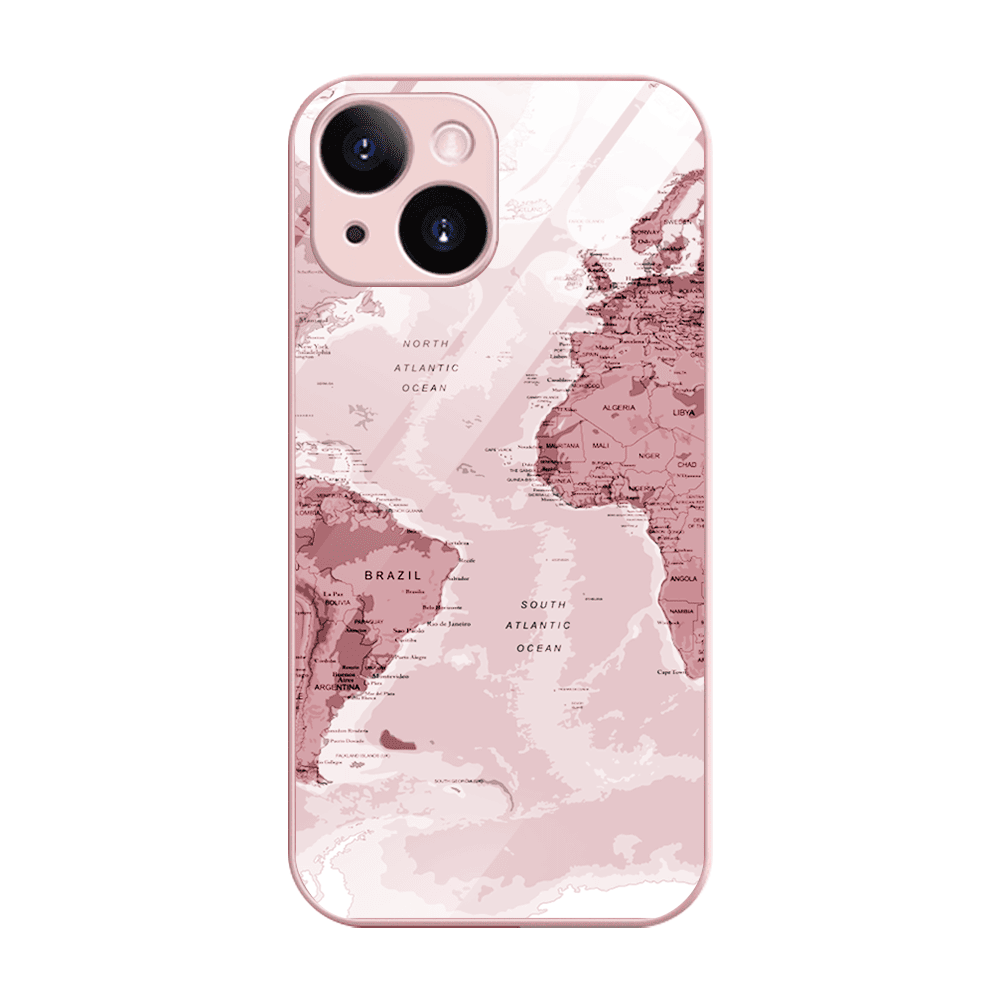 Etui do iPhone 14, szklany tył, osłona kamery, mapa świata, łososiowe