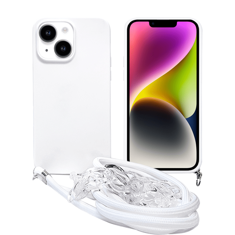 etui do iphone 14 pro max crossbody na ramie jak torebka, z łańcuszkiem i sznurkiem, alabastrowe białe