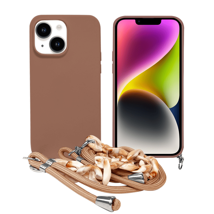 etui do iphone 14 pro crossbody na ramie jak torebka, z łańcuszkiem i sznurkiem, mleczna czekolada