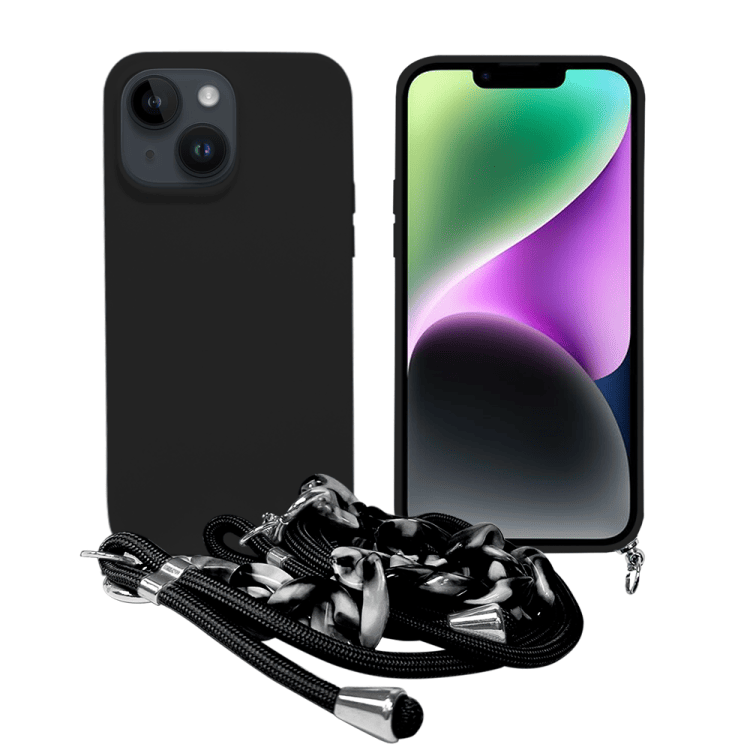 etui do iphone 13 crossbody na ramie jak torebka, z łańcuszkiem i sznurkiem, czarne