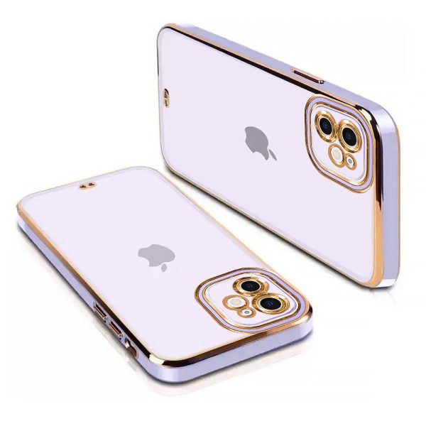 etui do iphone 11 fashion gold przeźroczysty tył, ozdobna osłona na aparat, pozłacane elementy, fioletowa ramka
