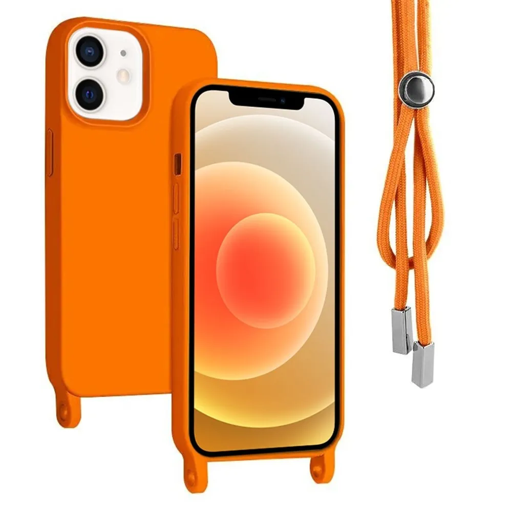 etui do iphone 12 wzmacniane crossbody z pomarańczową smyczą jak torebka, pomarańczowe