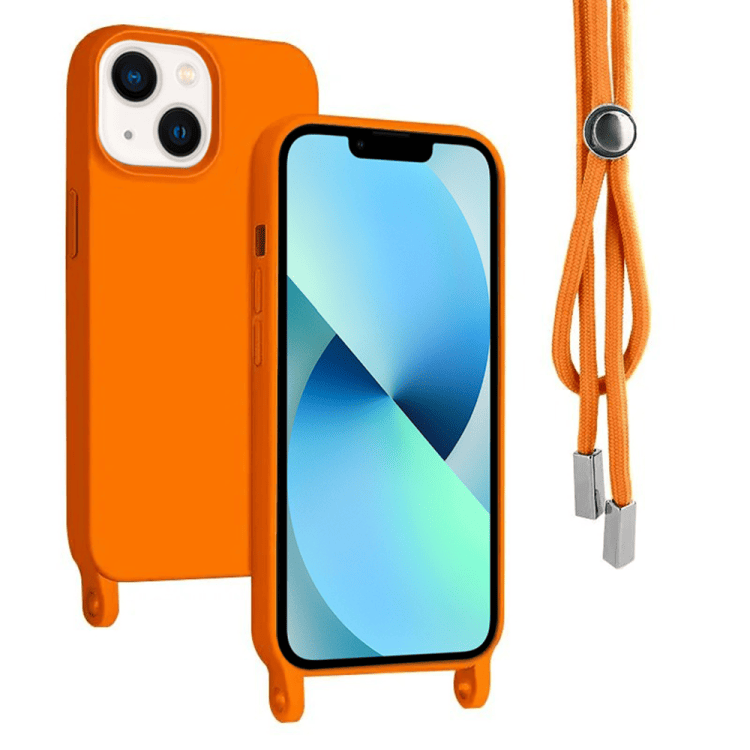 etui do iphone 13 wzmacniane crossbody z pomarańczową smyczą jak torebka, pomarańczowe