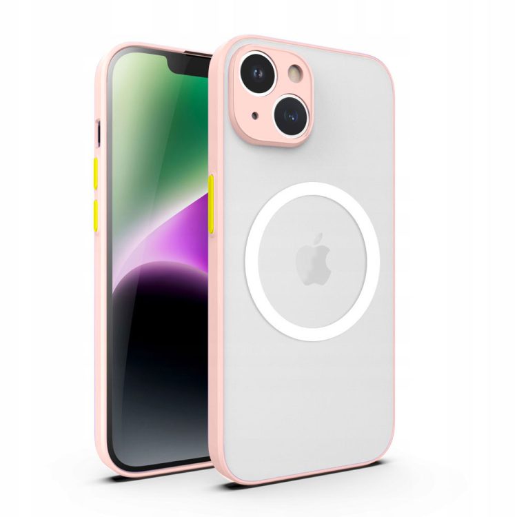 etui do iphone 14 magsafe półprzeźroczyste matowe z ochroną aparatu, łososiowe