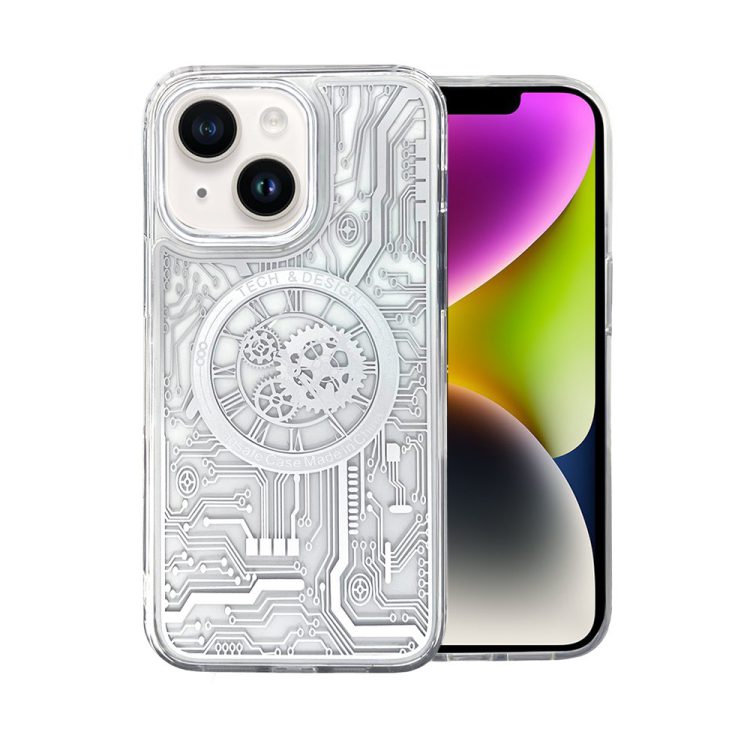 etui do iphone 14 clockwork magsafe, przeźroczyste z mechanizmem w środku, srebrne